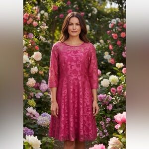 HAOKEKE PINK SIZE S LINED LACE A-LINE Jacquard Midi Dress Sheer 3/4 Sleeves NEW